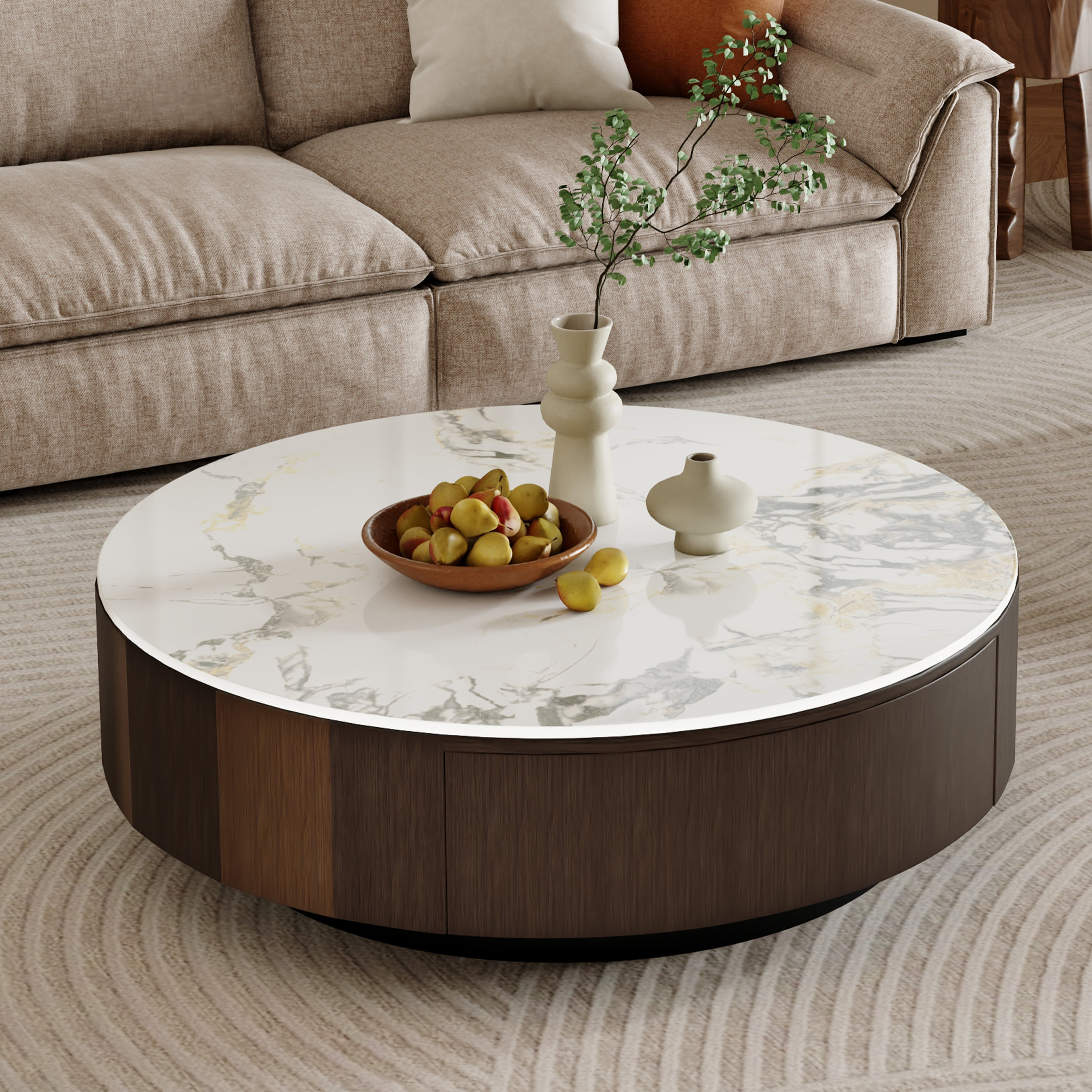 Hocuspicus 35.5" Wood Brown Round Coffee Table, Faux Marble tabletop